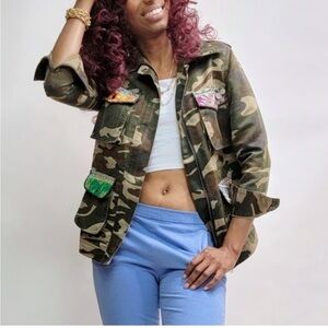 Anthropologie Beautiful Stories Embroidered Camoflage Charm Bomber Jacket Small